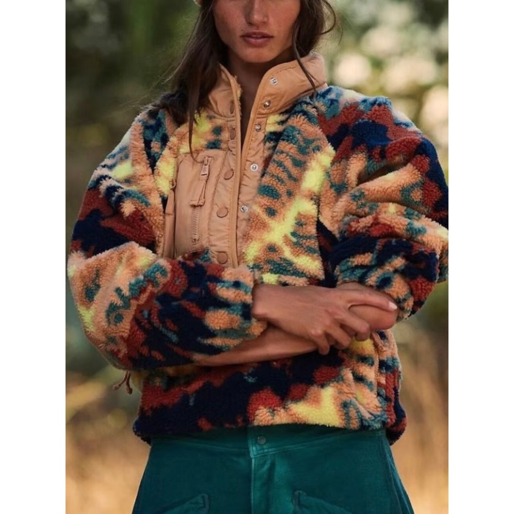 Free People Movement Hit the Slopes Jacket Tie Dye Fleece Snap Button Hiking S